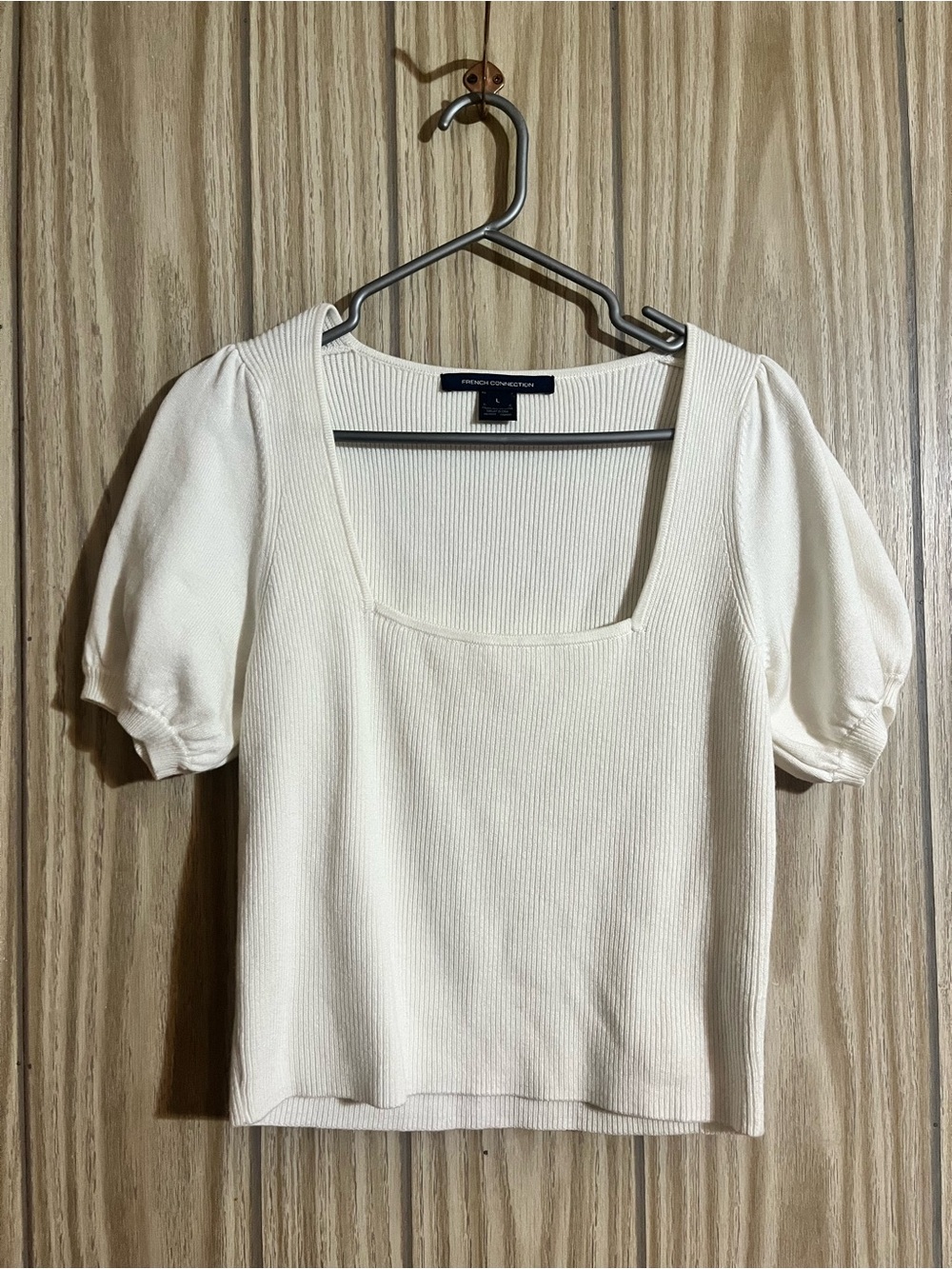 French Connection White Square Neck Puff Sleeve Knit Top – Size L